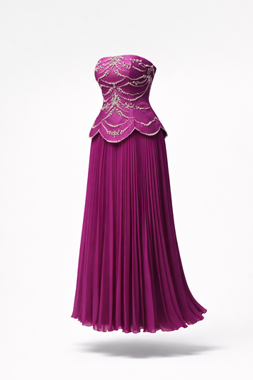 Vestido de noche plisado fucsia sin tirantes con detalles de perlas
